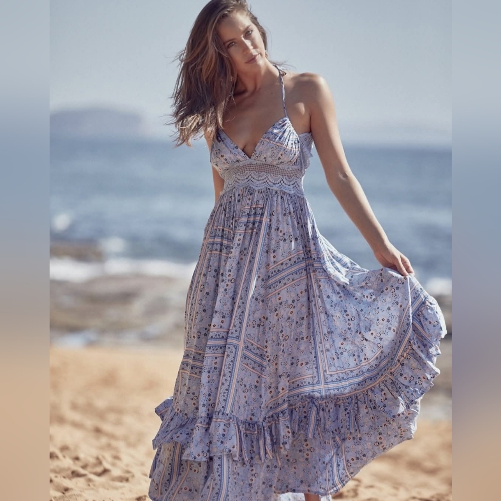 Jaase Blue Floral Crochet Halter Maxi Dress Size Small Boho Tiered Skirt